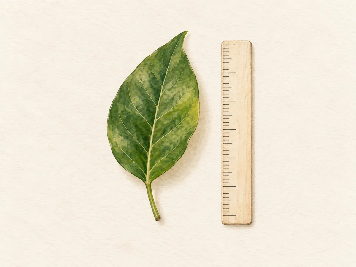 A leaf photographed beside a small ruler to show scale