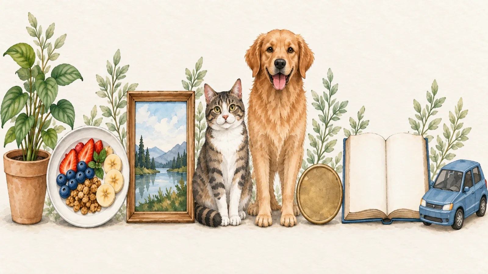 Watercolour row of everyday subjects — a houseplant, a plate of food, a framed painting, a cat, a dog, a coin, an open book and a small car — one for each Says Hi tool